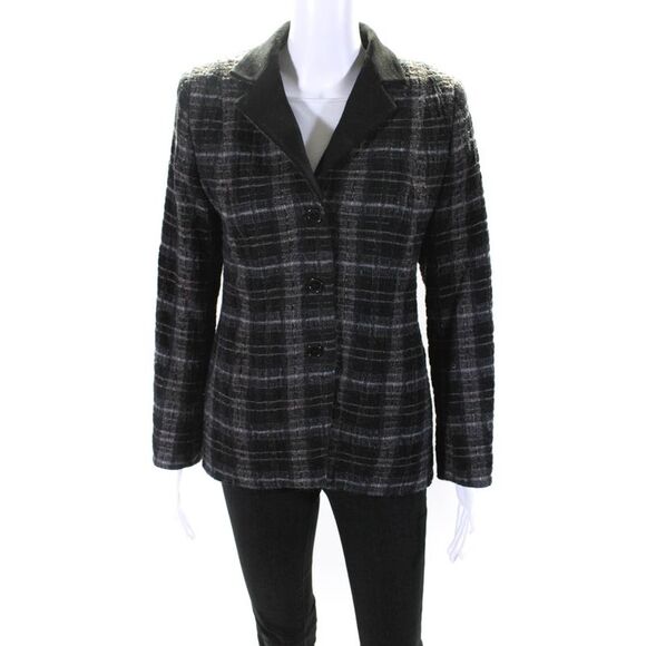 Serge & Real Womens Crepe Lapel Plaid Tweed Blazer Jacket Black Gray Size Small - Picture 1 of 4